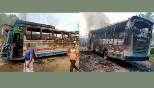 দুই বাসের রেষারেষিতে মোটরসাইকেল আরোহী নিহত, প্রতিবাদে বাসে আগুন 