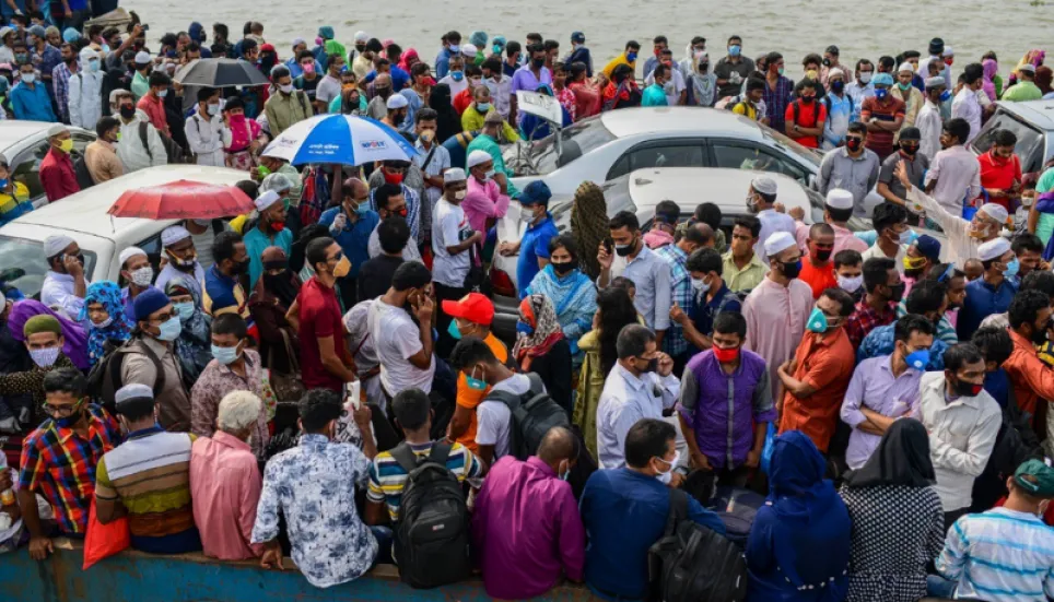 Thousands of homebound people thronged Shimulia ferry ghat