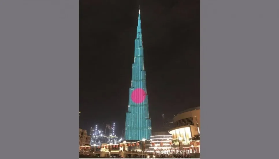 UAE buildings illuminated with Bangladesh flag